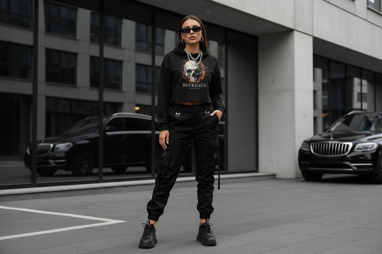 Buckhaus Cracked Skull Flame Women's Crop Hoodie - Premium Streetwear