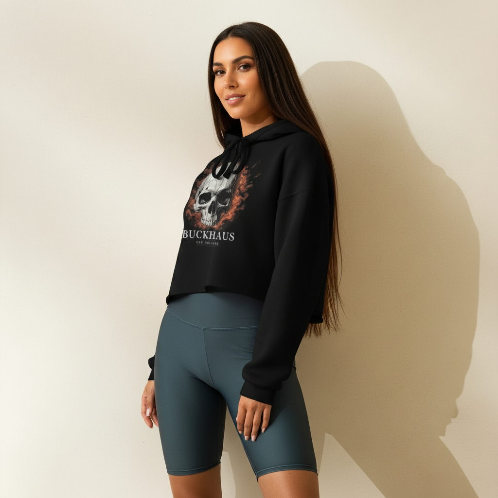 Cracked Flaming Skull Women's Crop Hoodie