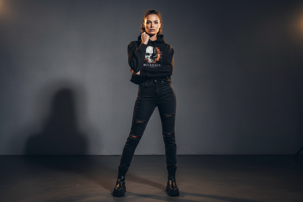 Buckhaus Cracked Skull Flame Women's Crop Hoodie - Premium Streetwear