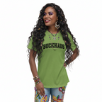 woman wearing green Buckhaus Varsity Pattern relaxed fit t-shirt with jeans and accessories