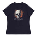 Cracked Flaming Skull Women's Relaxed T-Shirt with skull and fire design on black fabric by Buckhaus