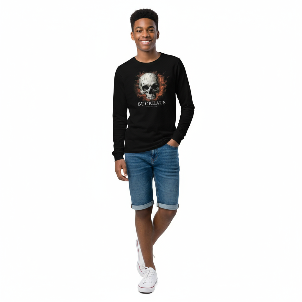 Cracked Flaming Skull Buckhaus Youth Long Sleeve Tee