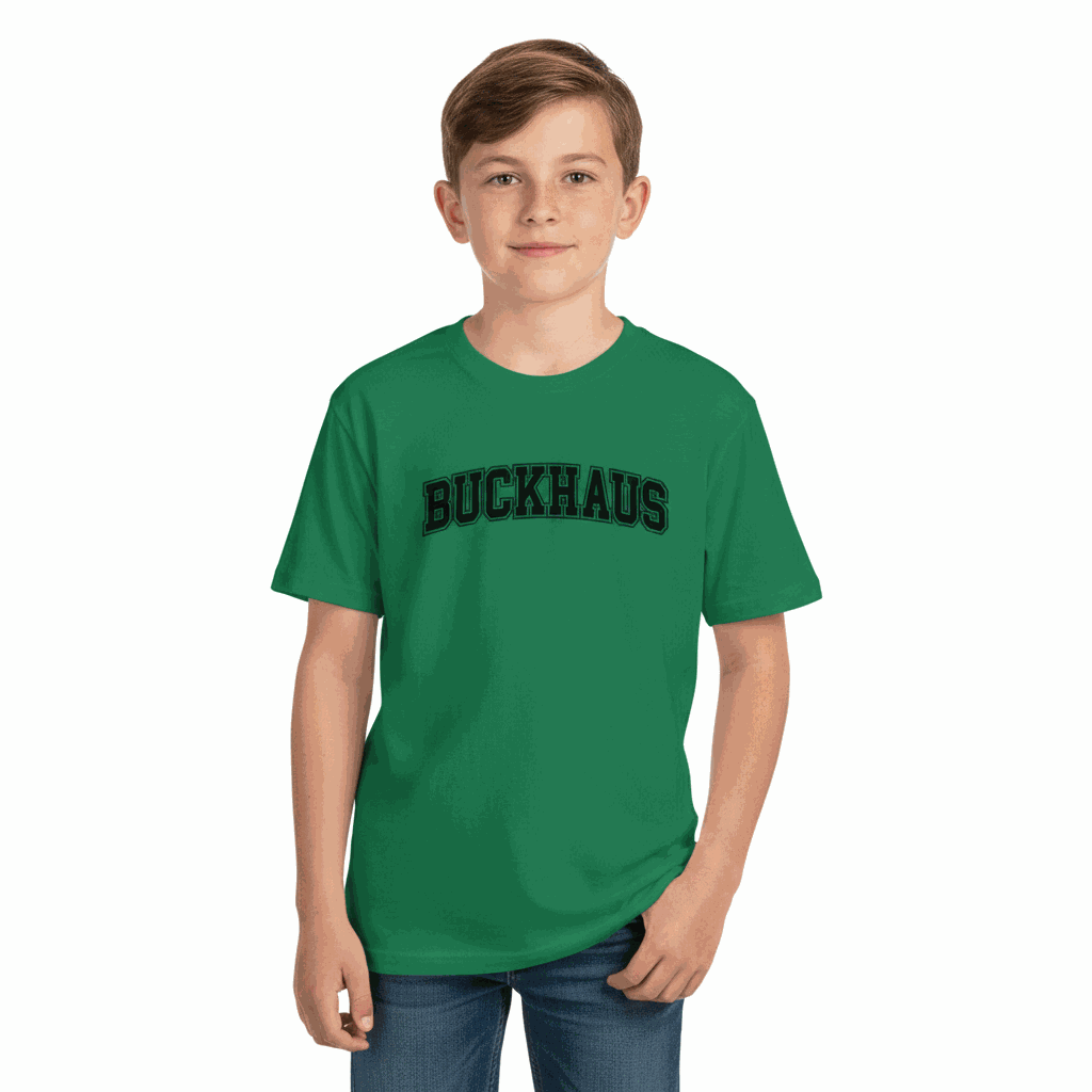 Boy wearing green Buckhaus Youth Short Sleeve T-Shirt with black text logo