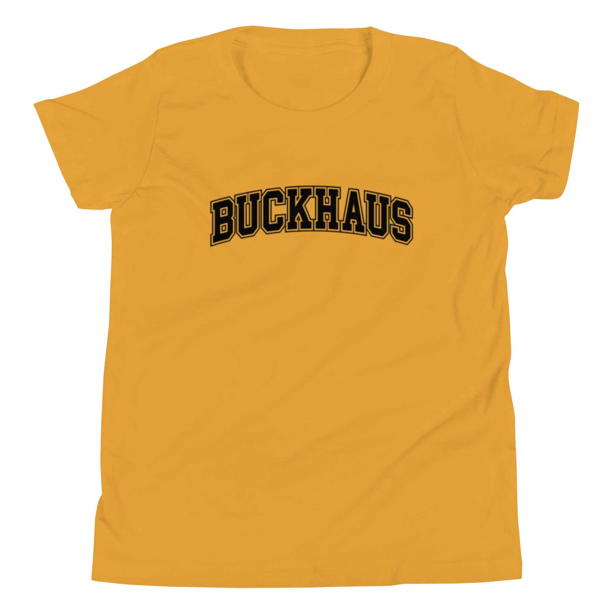 Buckhaus Youth Short Sleeve T-Shirt in yellow with black Buckhaus text logo, lightweight and soft cotton blend for kids